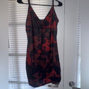 SHEIN Black Slip Dress with Red Dragon Motif